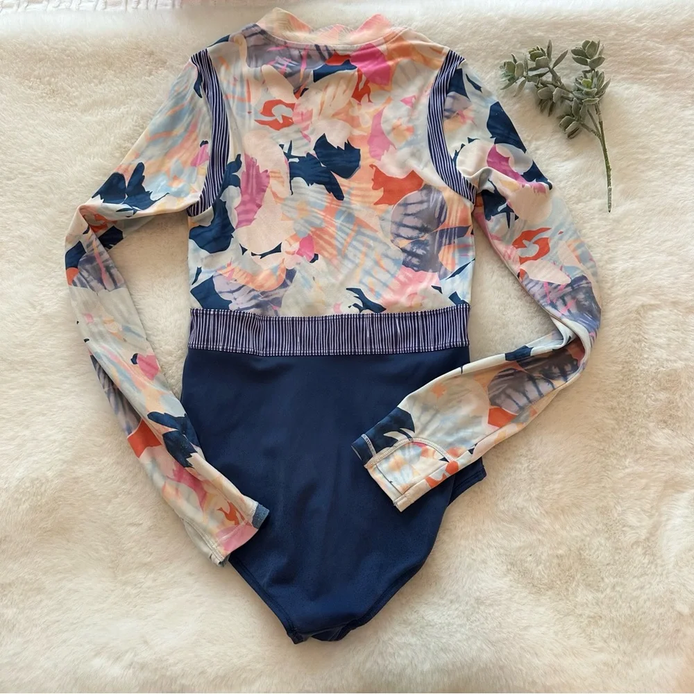 Athleta Navy Floral Print Long-Sleeve One-Piece Swimsuit with Coral Lining